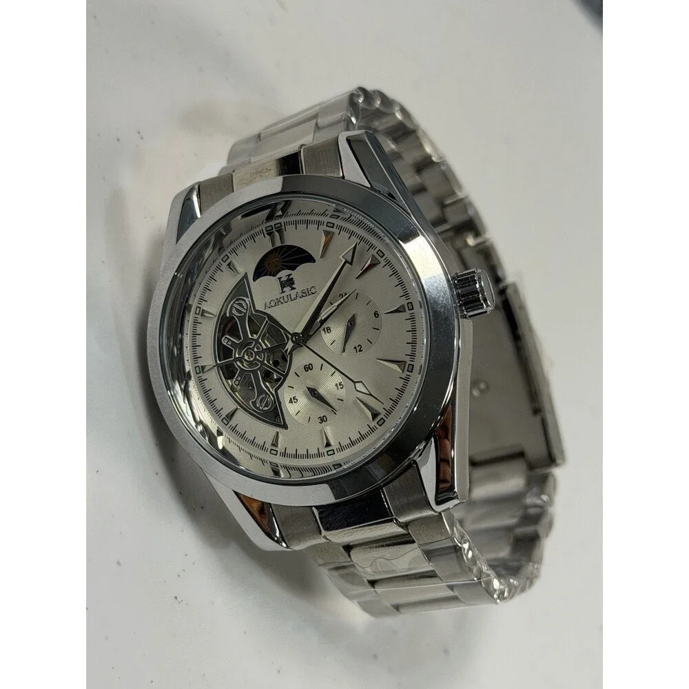 Aokulasic Men’s Automatic Skeleton Watch Moon Phase Stainless Steel 42mm